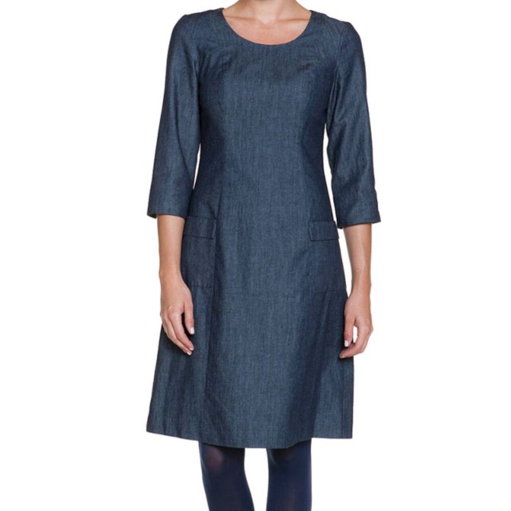 Boden Dress Women's 8 Petite Blue Hartland Denim Shift Cotton Knee Length